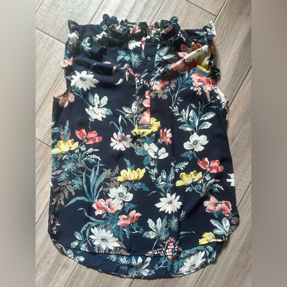 LOFT Navy Floral Ruffle Blouse